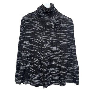 Michelle Nicole Poncho Black Knit L/XL Cape with Rosette Wool Blend Womens Sweat